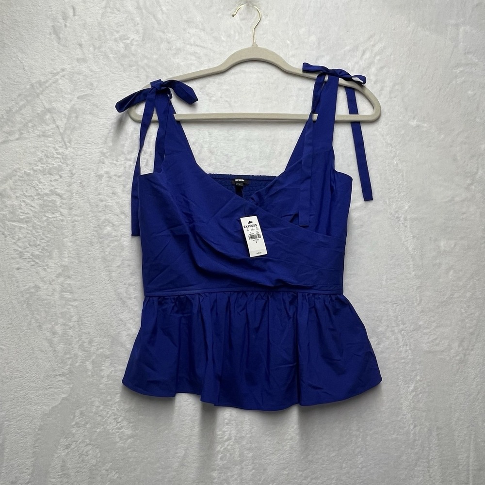 Express Peplum‎ Wrap Top Womens Small Blue Crop Smocked Dressy NEW